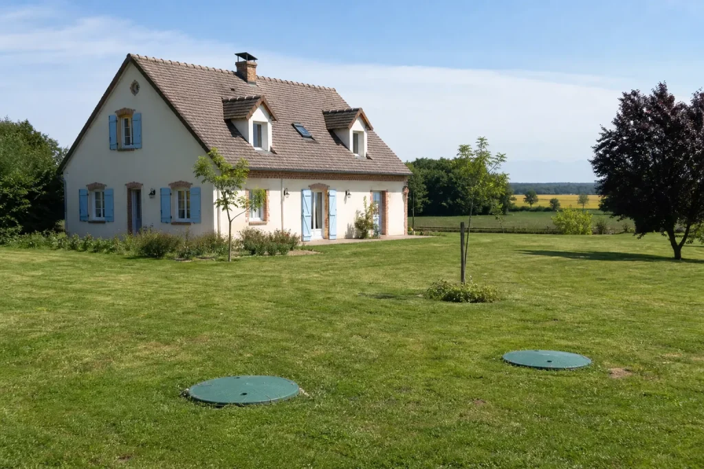 Maison individuelle à la campagne avec les tampons de la fosse septique dans le jardin