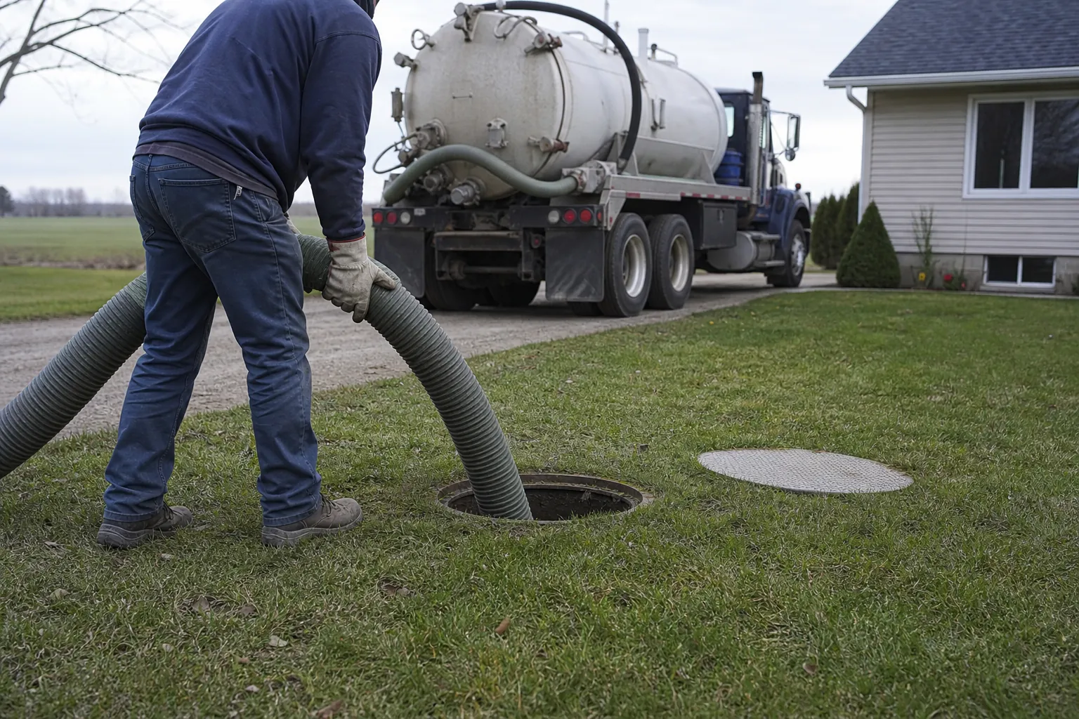 Vidange d’une fosse septique par un camion hydrocureur
